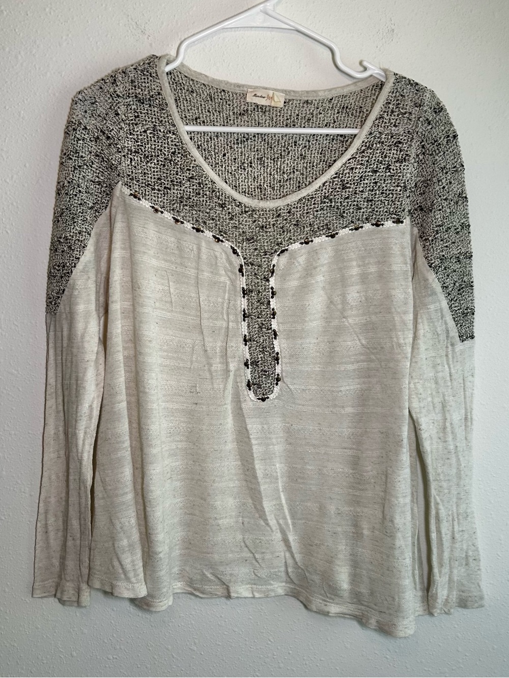 Anthropologie Meadow Rue Clorinde Top M Beaded Boho Beige Coastal Open Knit